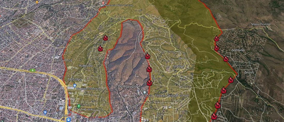 Φωτιά στην Πεντέλη: χάρτης με τα μέτωπα και την εξάπλωση της πυρκαγιάς