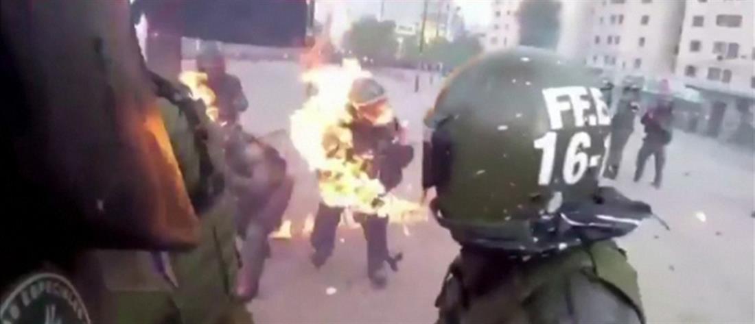 Σεισμός και φλεγόμενος αστυνομικός σε διαδηλώσεις στη Χιλή (βίντεο)